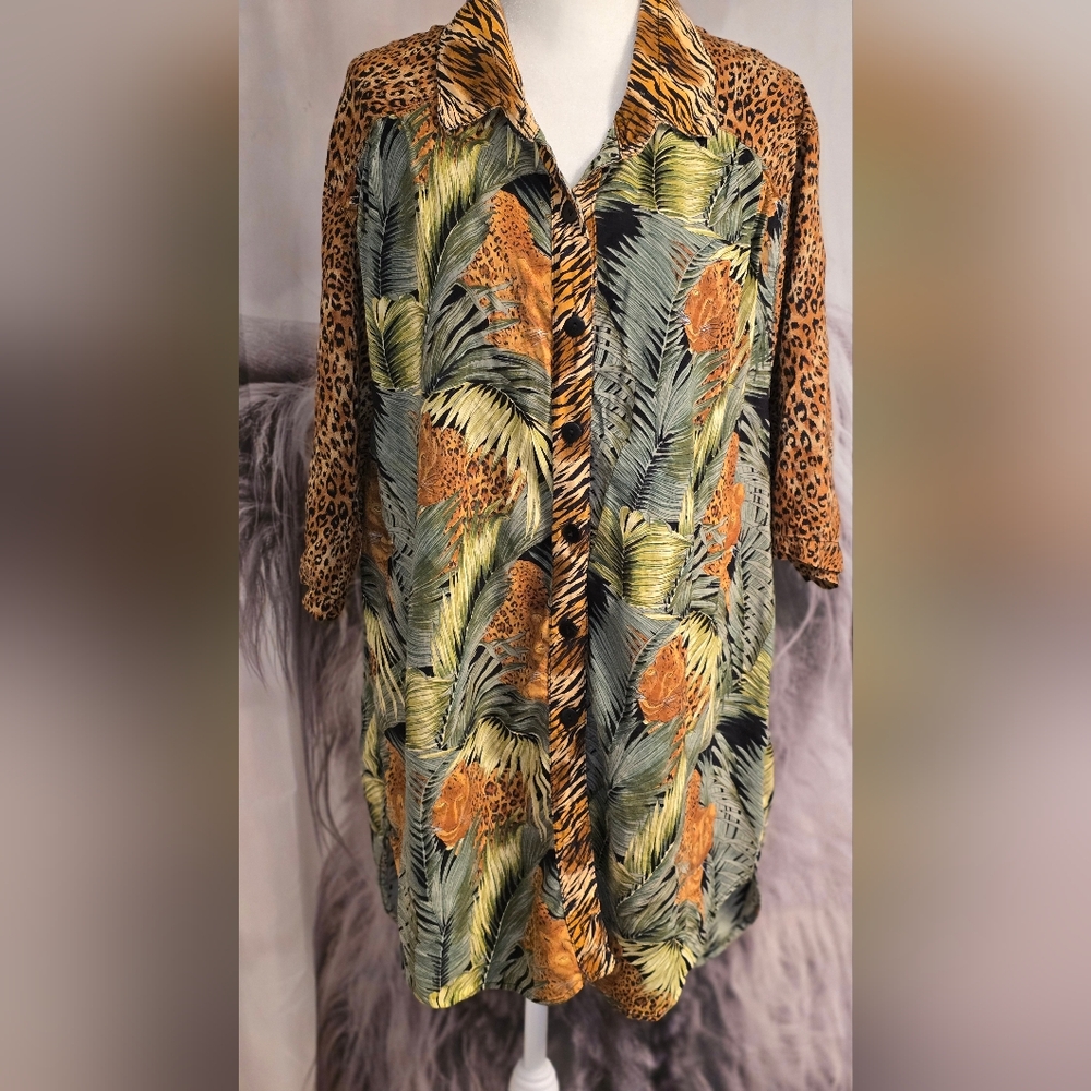 Vintage We Be Bop Art To Wear Jungle Print Button Down Shirt Short Sleeves 2X